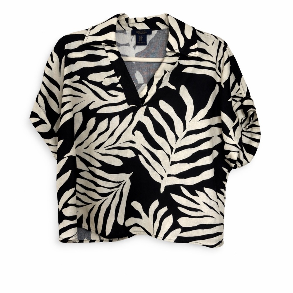 Rachel Roy‎ Linen Blend Palm Leaf Boxy Top Medium Black Cream